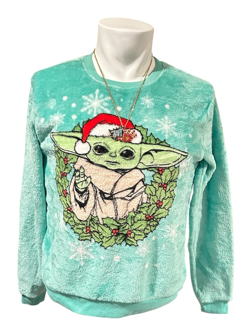 Star Wars Baby Yoda Aqua Plush Holiday Sweater with Red Santa Hat